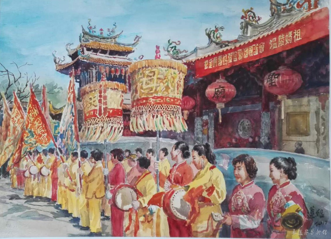 游遵绍《天后宫》水彩画